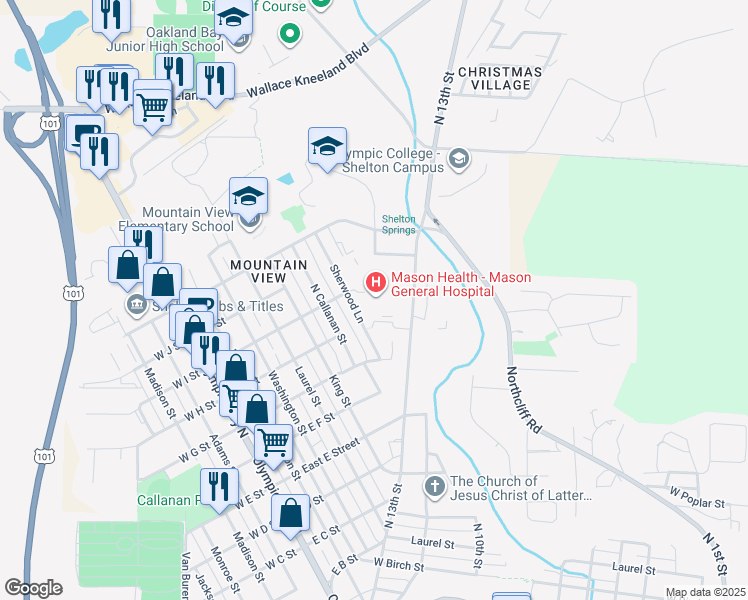map of restaurants, bars, coffee shops, grocery stores, and more near 901 Mountain View Drive in Shelton