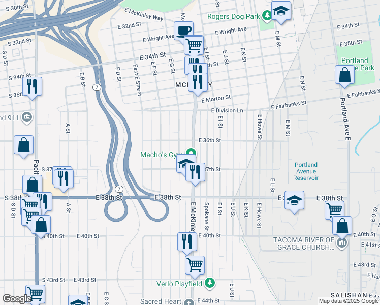 map of restaurants, bars, coffee shops, grocery stores, and more near 3608 East McKinley Avenue in Tacoma