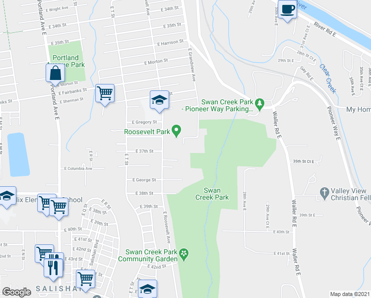 map of restaurants, bars, coffee shops, grocery stores, and more near 3602 East Grandview Avenue in Tacoma