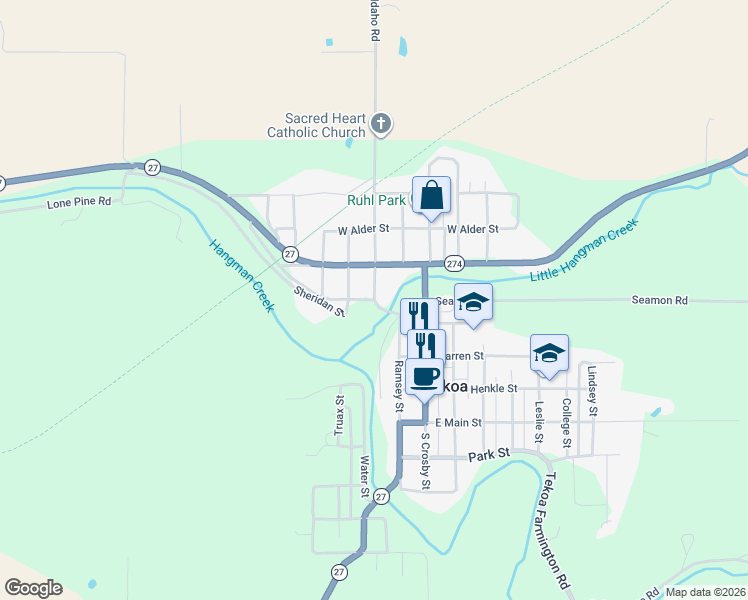 map of restaurants, bars, coffee shops, grocery stores, and more near Washington Street in Tekoa