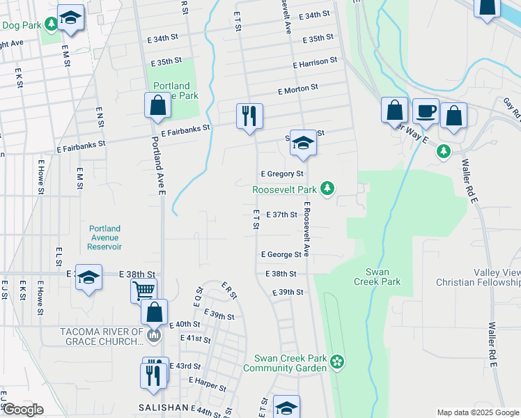 map of restaurants, bars, coffee shops, grocery stores, and more near 2001 East 37th Street in Tacoma
