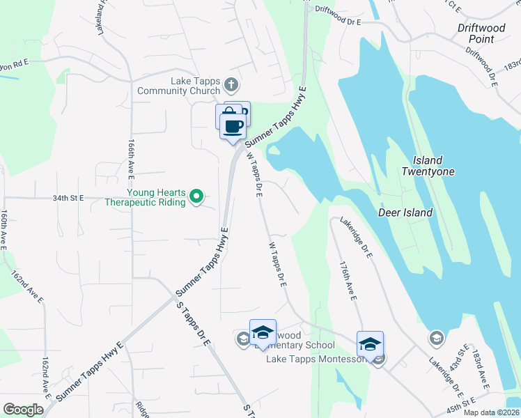 map of restaurants, bars, coffee shops, grocery stores, and more near 3478 West Tapps Drive East in Bonney Lake