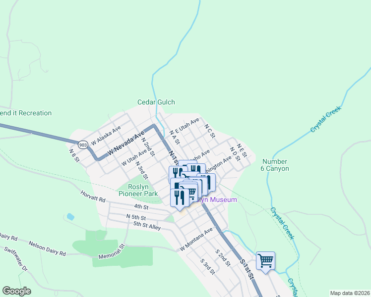 map of restaurants, bars, coffee shops, grocery stores, and more near 311 North A Street in Roslyn