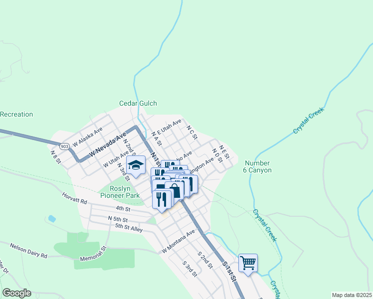 map of restaurants, bars, coffee shops, grocery stores, and more near 303 North B Street in Roslyn