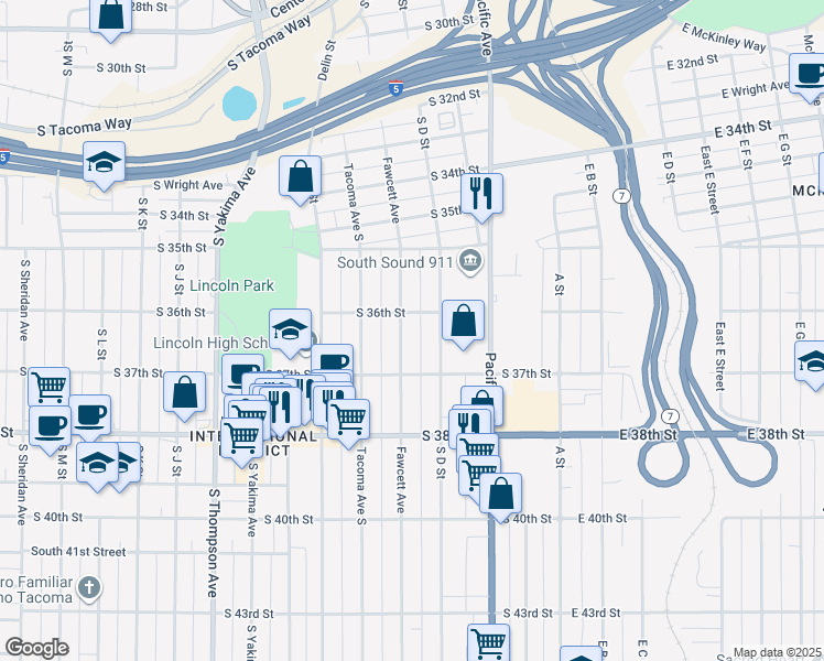 map of restaurants, bars, coffee shops, grocery stores, and more near 3609 Fawcett Avenue in Tacoma
