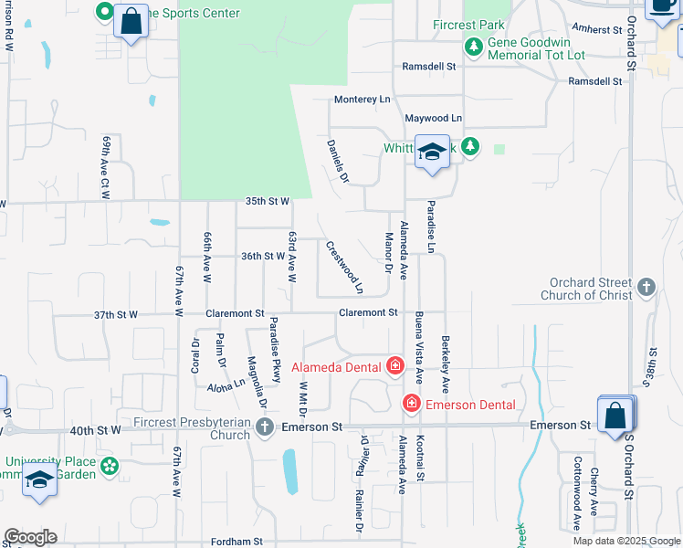 map of restaurants, bars, coffee shops, grocery stores, and more near 1012 Crestwood Lane in Fircrest