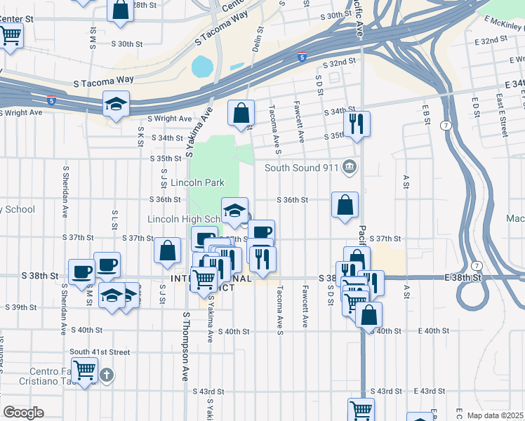 map of restaurants, bars, coffee shops, grocery stores, and more near 3609 South G Street in Tacoma