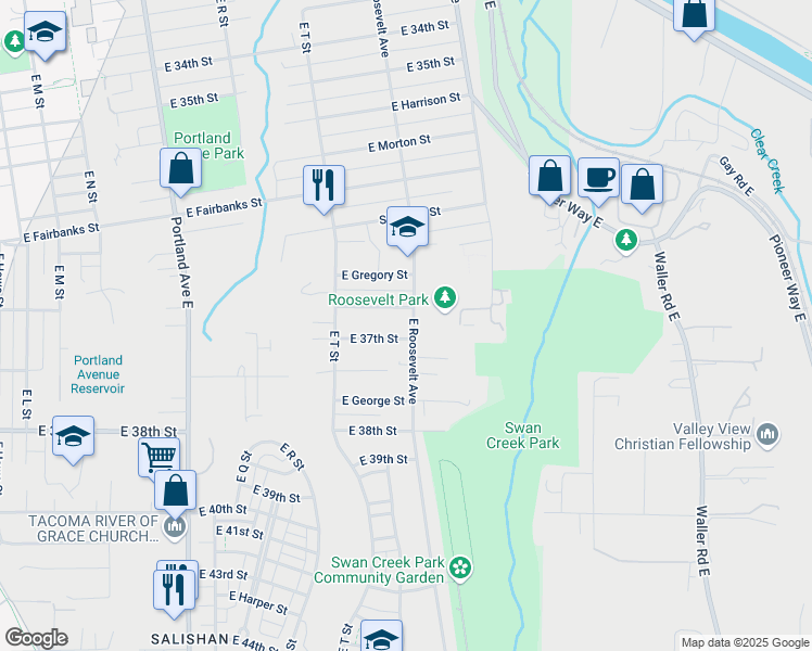 map of restaurants, bars, coffee shops, grocery stores, and more near in Tacoma
