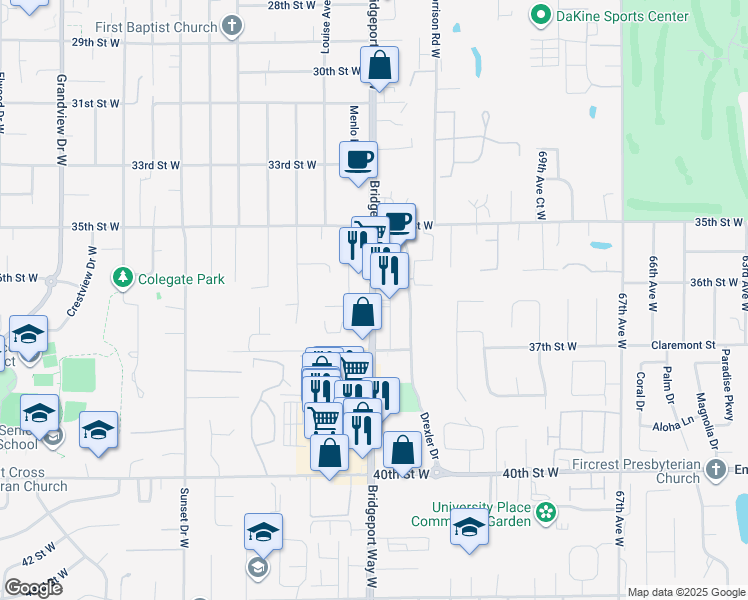 map of restaurants, bars, coffee shops, grocery stores, and more near 3605 Bridgeport Way West in University Place
