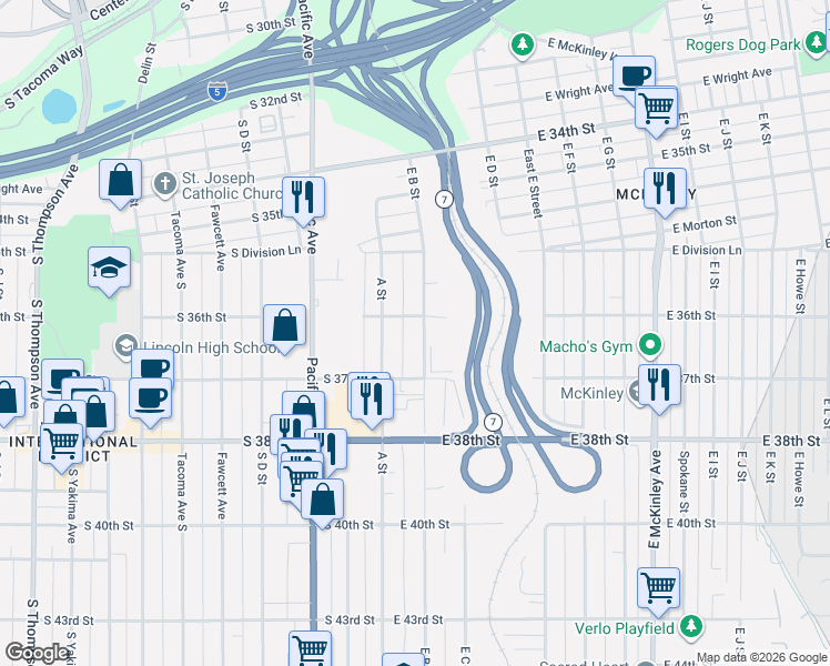 map of restaurants, bars, coffee shops, grocery stores, and more near 3608 East B Street in Tacoma
