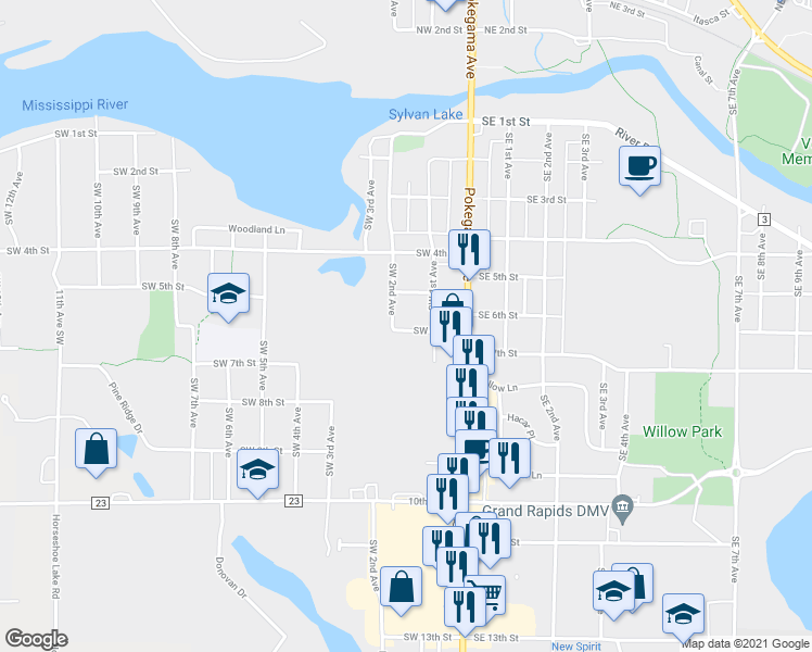 map of restaurants, bars, coffee shops, grocery stores, and more near 109 Southwest 6th Street in Grand Rapids