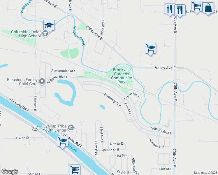 map of restaurants, bars, coffee shops, grocery stores, and more near 6231 Park Street East in Fife