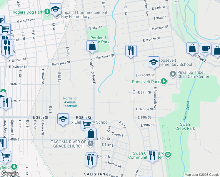 map of restaurants, bars, coffee shops, grocery stores, and more near 3615 Portland Avenue East in Tacoma