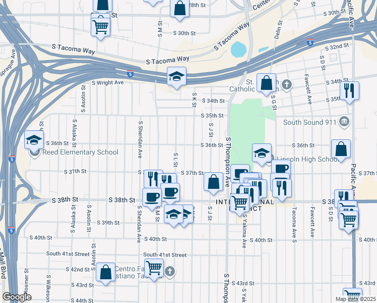 map of restaurants, bars, coffee shops, grocery stores, and more near 3610 S K St in Tacoma