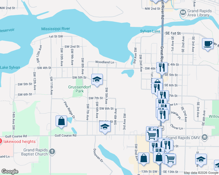map of restaurants, bars, coffee shops, grocery stores, and more near 520 Southwest 5th Avenue in Grand Rapids