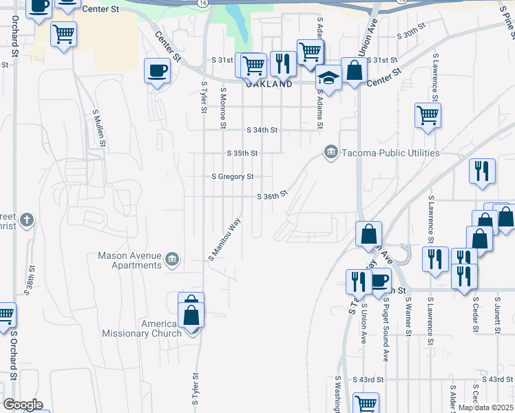 map of restaurants, bars, coffee shops, grocery stores, and more near 3612 South Madison Street in Tacoma