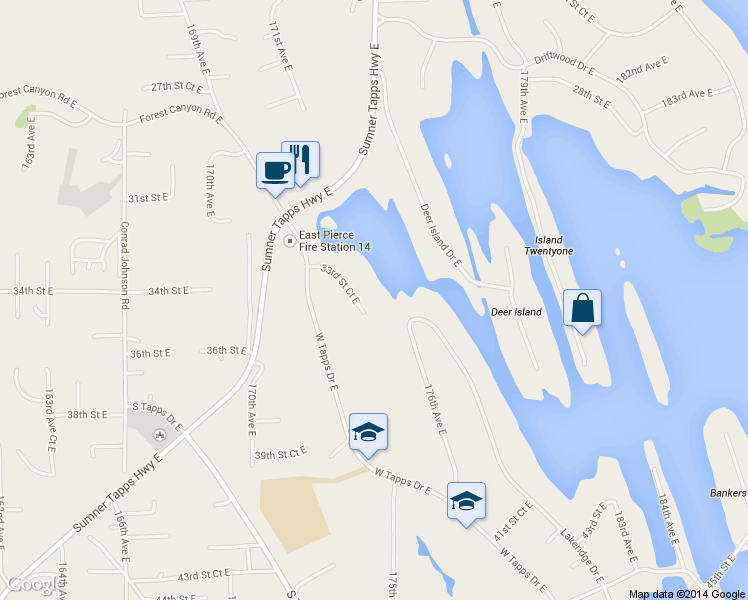 map of restaurants, bars, coffee shops, grocery stores, and more near 17317 33rd Street Court East in Lake Tapps
