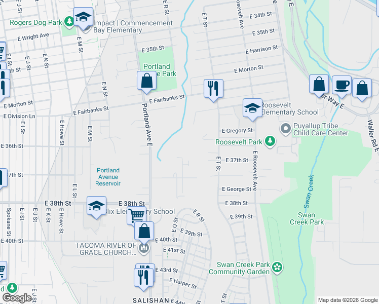 map of restaurants, bars, coffee shops, grocery stores, and more near 3627 E R St in Tacoma