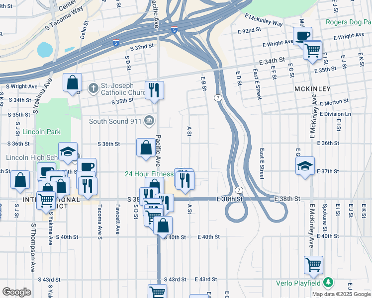 map of restaurants, bars, coffee shops, grocery stores, and more near 3606 A Street in Tacoma