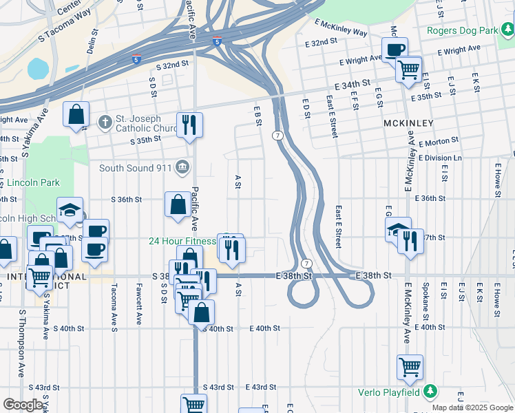 map of restaurants, bars, coffee shops, grocery stores, and more near 3608 East B Street in Tacoma