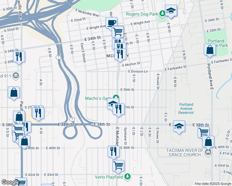map of restaurants, bars, coffee shops, grocery stores, and more near 3608 East McKinley Avenue in Tacoma