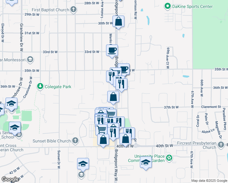 map of restaurants, bars, coffee shops, grocery stores, and more near 3610 Bridgeport Way West in University Place