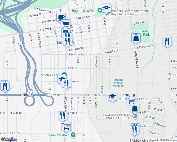 map of restaurants, bars, coffee shops, grocery stores, and more near 3606 East K Street in Tacoma