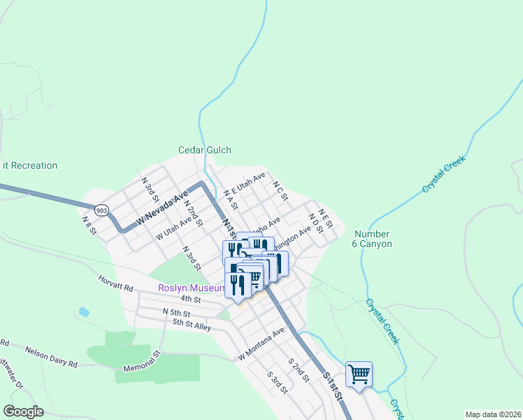 map of restaurants, bars, coffee shops, grocery stores, and more near 303 North B Street in Roslyn