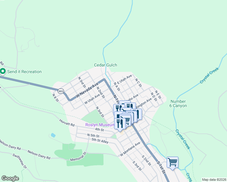 map of restaurants, bars, coffee shops, grocery stores, and more near 402 North 1st Street in Roslyn