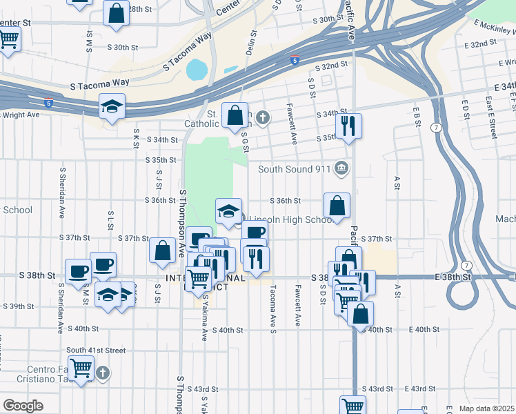 map of restaurants, bars, coffee shops, grocery stores, and more near 3609 South G Street in Tacoma