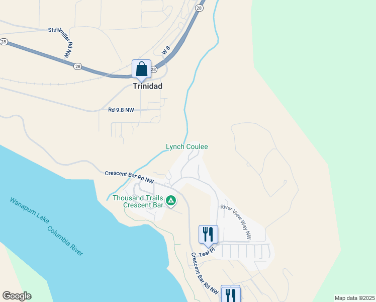 map of restaurants, bars, coffee shops, grocery stores, and more near 9445 Canyon Drive Northwest in Quincy