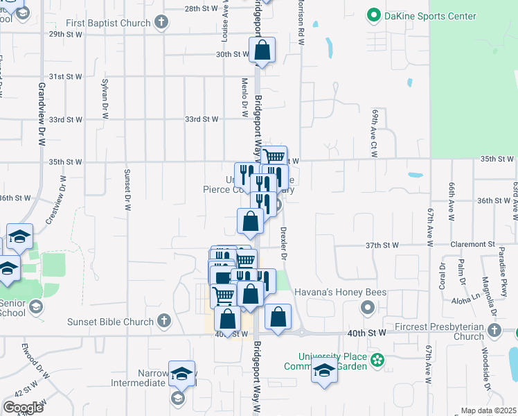 map of restaurants, bars, coffee shops, grocery stores, and more near 3605 Bridgeport Way West in University Place