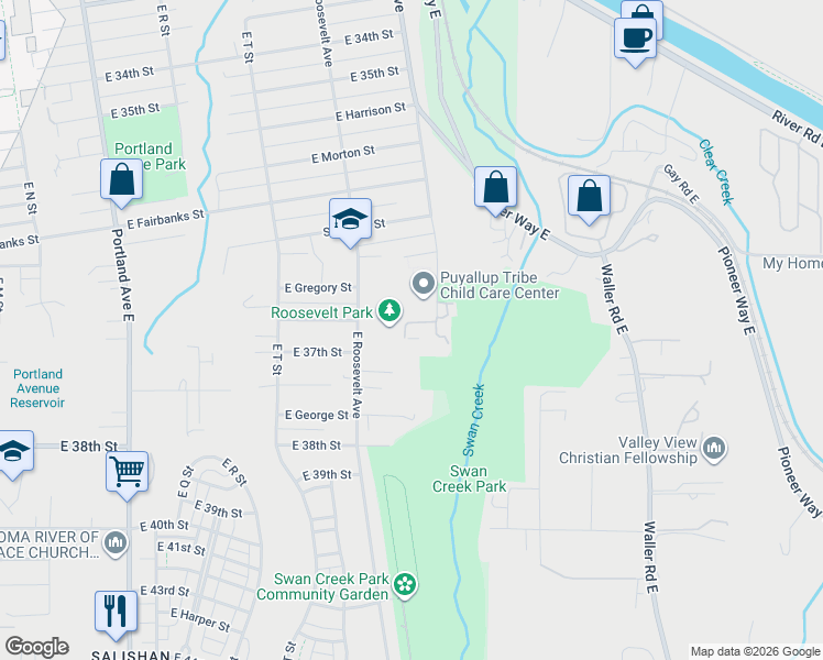 map of restaurants, bars, coffee shops, grocery stores, and more near 3602 East Grandview Avenue in Tacoma