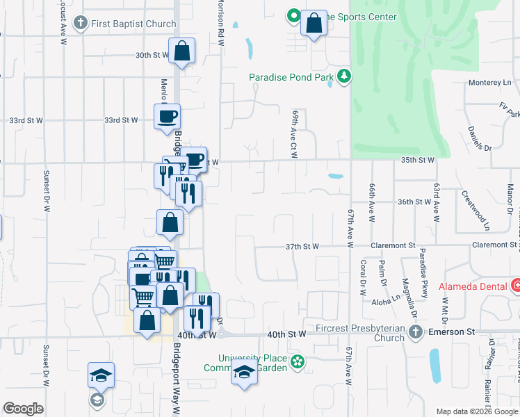 map of restaurants, bars, coffee shops, grocery stores, and more near 7107 36th Street West in University Place