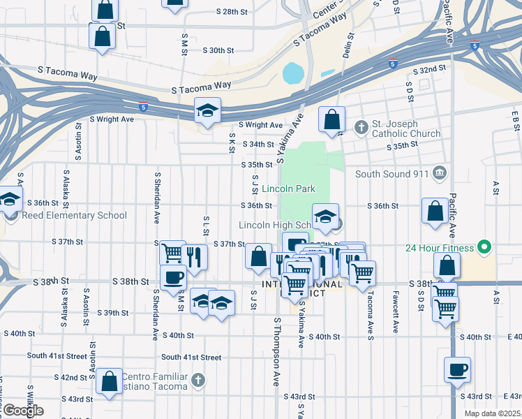 map of restaurants, bars, coffee shops, grocery stores, and more near in Tacoma
