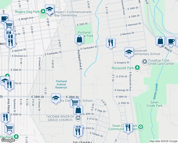 map of restaurants, bars, coffee shops, grocery stores, and more near 3615 Portland Avenue East in Tacoma