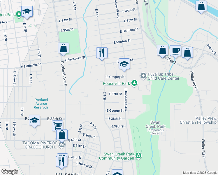 map of restaurants, bars, coffee shops, grocery stores, and more near 2001 East 37th Street in Tacoma