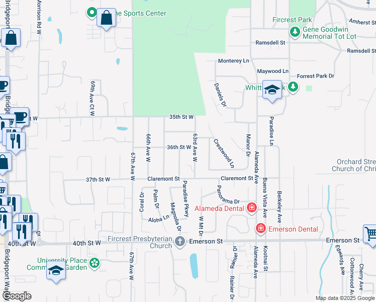 map of restaurants, bars, coffee shops, grocery stores, and more near 6308 36th Street West in University Place