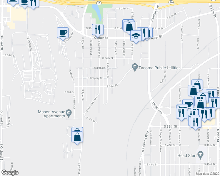 map of restaurants, bars, coffee shops, grocery stores, and more near 3916 South 36th Street in Tacoma