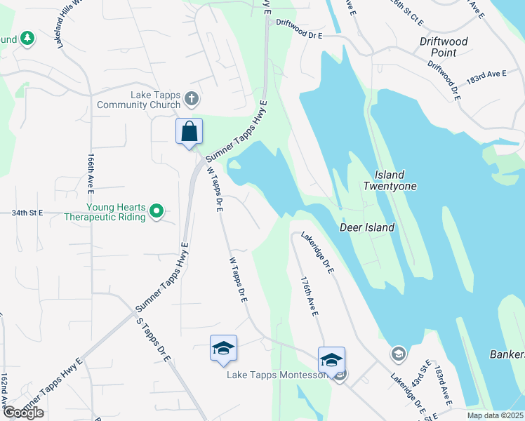 map of restaurants, bars, coffee shops, grocery stores, and more near 17317 33rd Street Court East in Lake Tapps