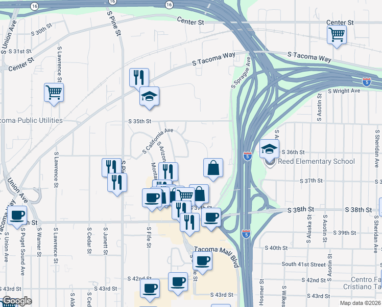 map of restaurants, bars, coffee shops, grocery stores, and more near 61 South Idaho Street in Tacoma