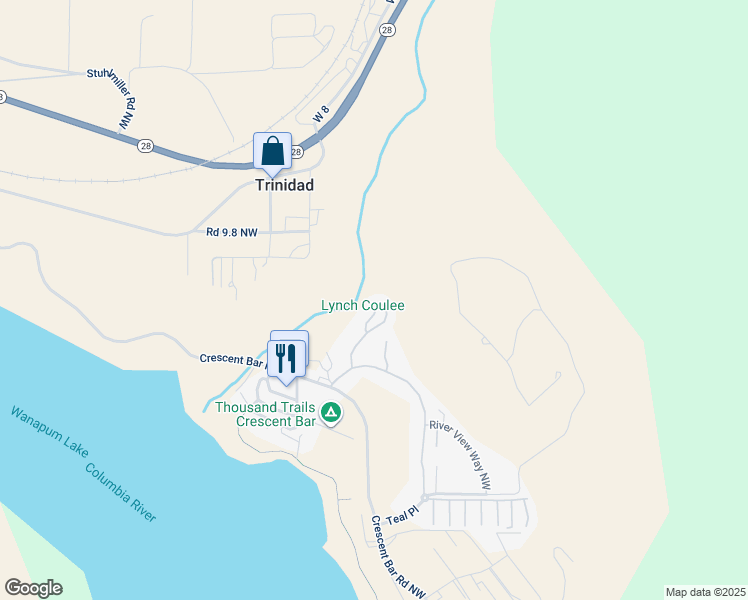map of restaurants, bars, coffee shops, grocery stores, and more near 9445 Canyon Drive Northwest in Quincy