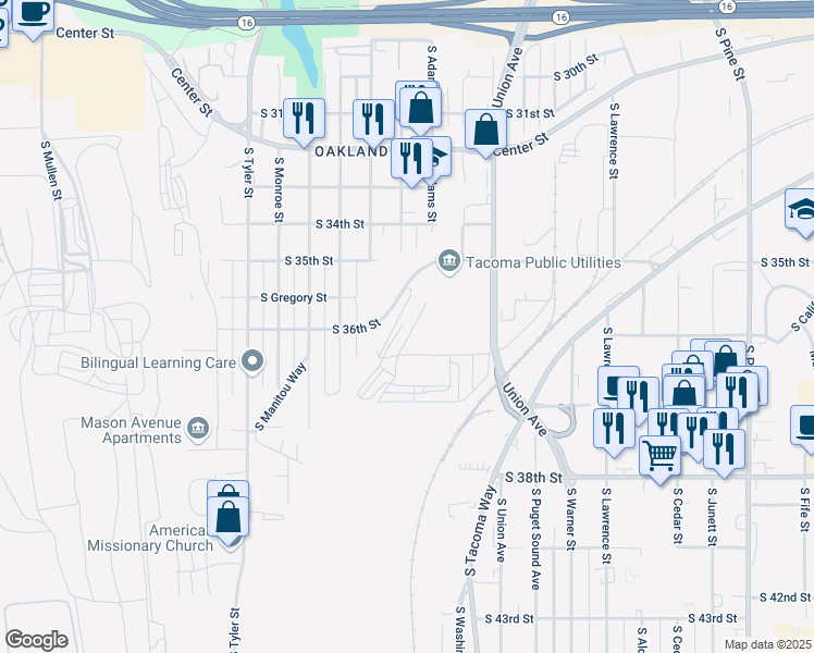 map of restaurants, bars, coffee shops, grocery stores, and more near 3916 S 36th St in Tacoma