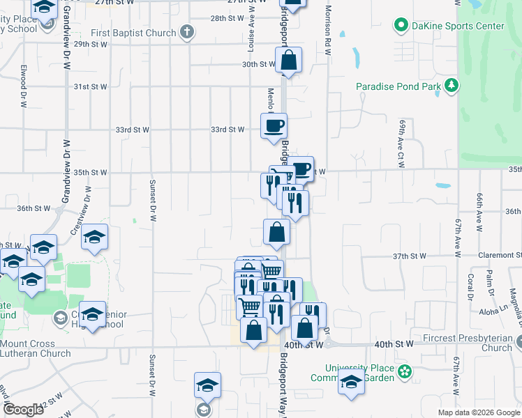 map of restaurants, bars, coffee shops, grocery stores, and more near 7621 36th Street Court West in University Place