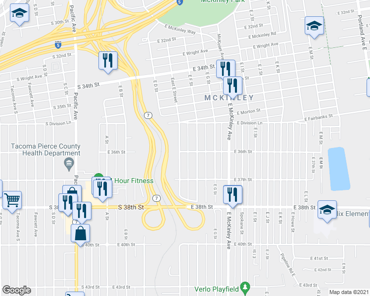 map of restaurants, bars, coffee shops, grocery stores, and more near 3608 East F Street in Tacoma