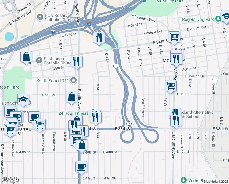 map of restaurants, bars, coffee shops, grocery stores, and more near 220 East 36th Street in Tacoma