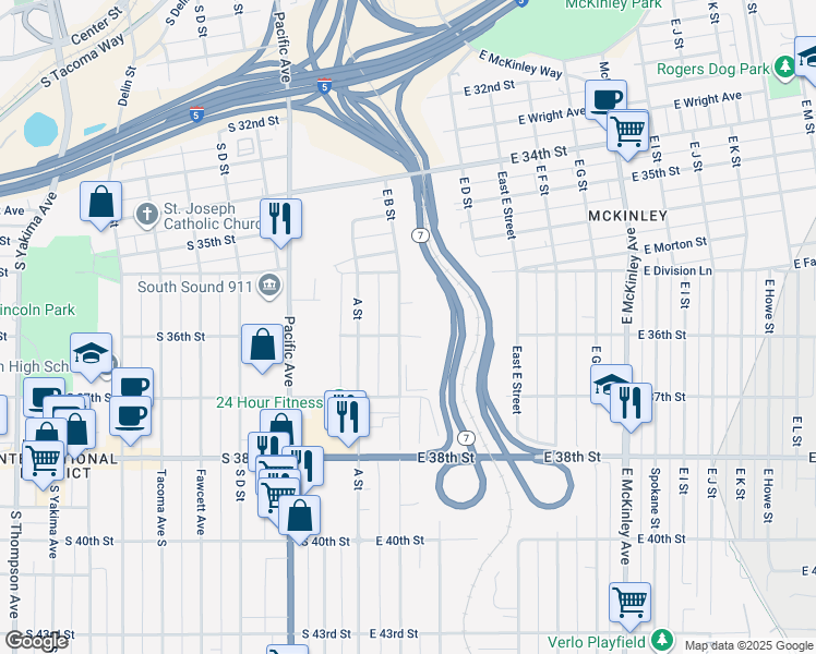 map of restaurants, bars, coffee shops, grocery stores, and more near 3608 East B Street in Tacoma