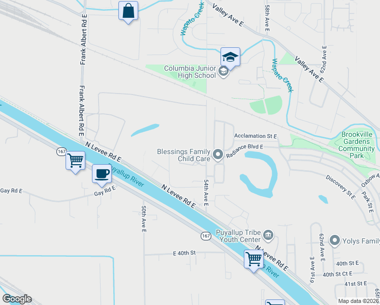 map of restaurants, bars, coffee shops, grocery stores, and more near 5307 34th Street East in Fife