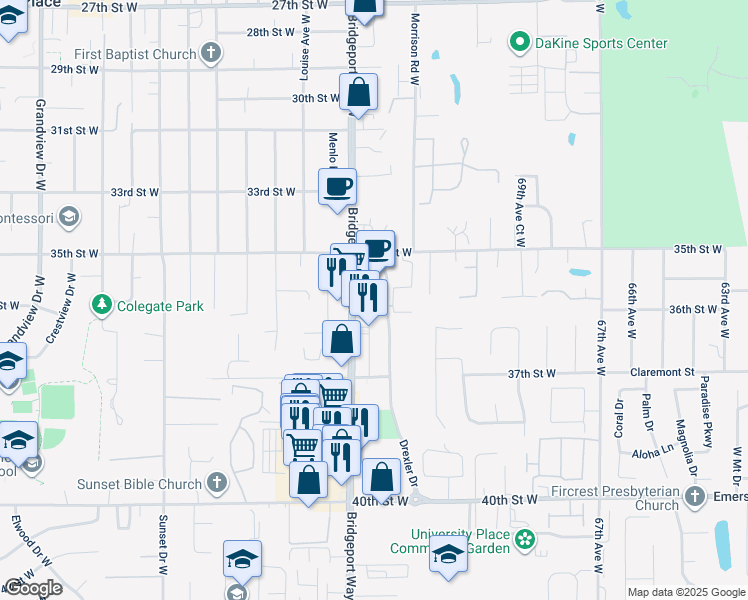 map of restaurants, bars, coffee shops, grocery stores, and more near 3556 Market Place West in University Place