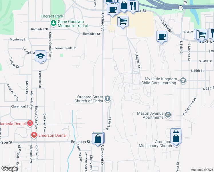 map of restaurants, bars, coffee shops, grocery stores, and more near 3505 S Orchard St in Tacoma